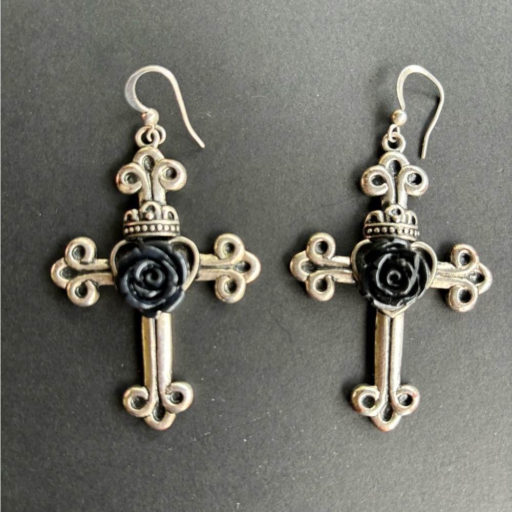 Gothic large cross black rose earrings